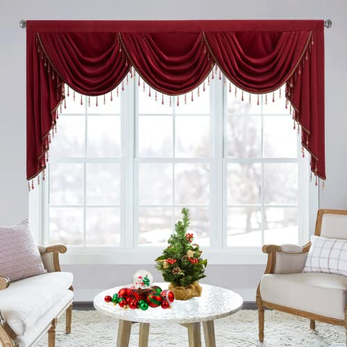 StangH Theater Red Velvet Curtains Valance with Luxury Beads for Bedroom, Rod Pocket Thick Window Waterfall Valances for Christmas/Sliding Door/Bathroom, W79 inches, 1 Panel