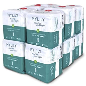 MYLILY Compresas sanitarias día| 100% algodón orgánico certificado | 0% productos químicos | protección extra por la noche | ultrafinas con alas | 168 toallas sanitarias | empaquetadas individualmente