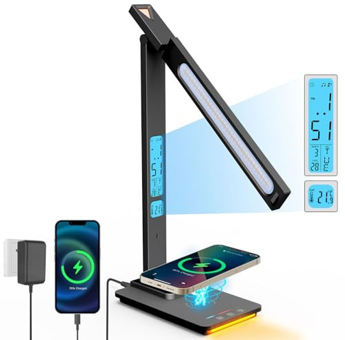 ErayLife LED Schreibtischlampe mit 10W Wireless Charger/ 5 Helligkeits/ 5 Farbtemperaturen/Kalender/Nachtlicht/Wecker Augenfreundliche Touch Control Tischlampe für Schlafzimmer Büro, Schwarz