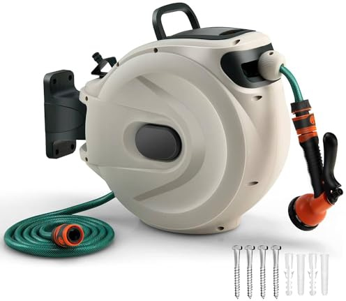 GiantexUK Wall Retractable Hose Reel, Air Compressor Reel Watering Tool with Auto Rewind, Locking System, 180° Swivel Bracket and 8 in 1 Nozzle (20+2M Pipe, 40 x 20 x 37cm)