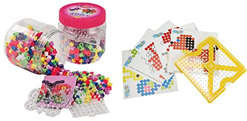 Hama Perlen 8791 Bügelperlen Dose mit ca. 400 bunten Maxi Bastelperlen mit Durchmesser 10 mm & 8282 Set mit Motiv Rahmen für Maxi Bügelperlen mit Durchmesser 10 mm, Stiftplatte und 10 Motivkarten