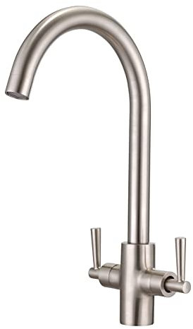 Peppermint Brushed Nickel Kitchen Tap Monobloc Dual Lever Kitchen Mixer Taps 1 Hole Brushed Steel Sink Taps Mixer Swan Neck Twin Lever Rustproof Stainless Steel Faucet