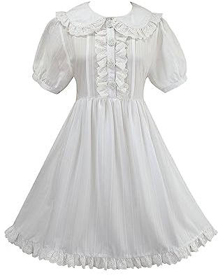 Cuteighteen Teens Peter Pan Collar Floral Button Down Dress Japanese Lolita Vintage Cute Summer Lace Baby Doll Dress, White, One size