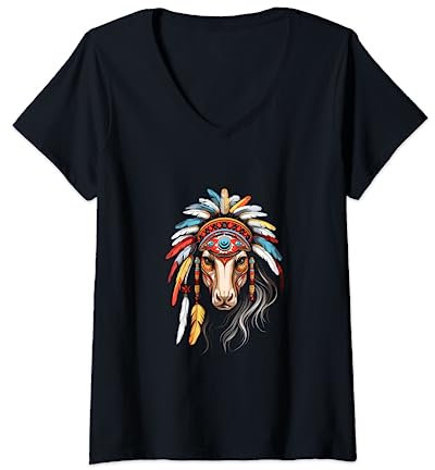 Pferd Indianer Kopfschmuck Feder Stammespferde T-Shirt mit V-Ausschnitt