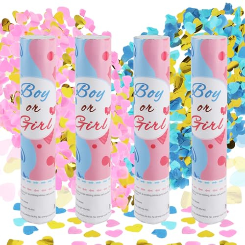 badaren Gender Reveal Konfetti Kanone Junge oder Mädchen, Gender Reveal Konfetti Kanone für Jungen oder Mädchen, 2 Rosa und 2 Blau Konfettikanone-28cm