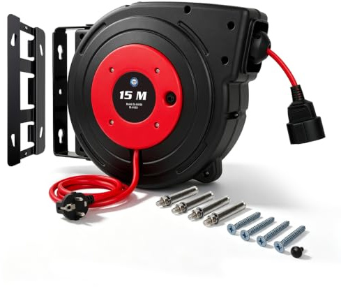 Kabeltrommel 15m+2m, automatische Wandmontage mit TÜV-Zertifikat | 2300W, H05VV-F 3G1,5mm², inkl. Montagematerial, für Werkstatt & Garage, selbstaufrollend, Überlastschutz