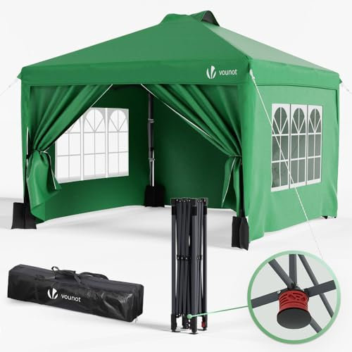 VOUNOT® Gazebo 3x3m Pieghevole con 4 Parti Laterali Rimovibili, Gazebo da Giardino Tenda Padiglione Sistema di Clic Pop-up con 4 Sacchi di Sabbia di Peso e Sacca di Trasporto, Colore Verde