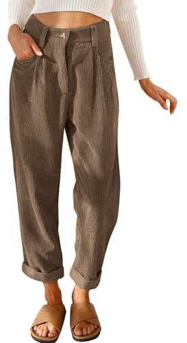 Tincini Cordhose Damen Casual High Waist Tapered Hose Baumwoll Gerades Bein Hosen Einfarbig Freizeithosen mit Taschen (Braun, S)