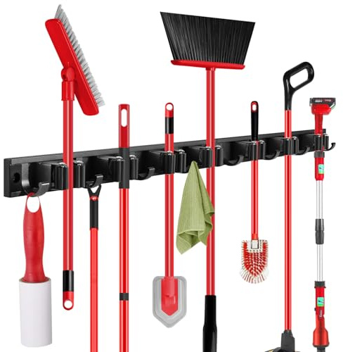 SLIIMU Movable 30'' Broom and Mop Holder Wall Mount with Sliding 7 Racks 8 Hooks, Storage Organizer Wall Hanger, Cleaning Tool Hanging Grippers for Kitchen Bathroom Garden Garage Laundry Home Closet