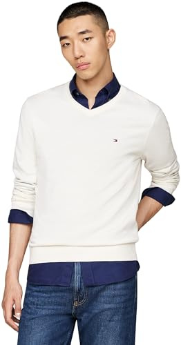 Tommy Hilfiger Jersey Hombre Essential Cotton con Cuello de Pico, Blanco (Ivory), M