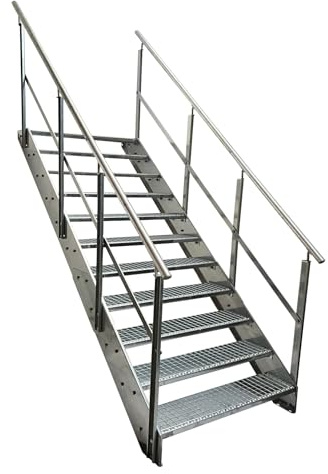 Kaminbau Mierzwa Premium Stahl Treppe mit beidseitigem Geländer komplett Verzinkt / 11 Stufen (Breite 1000 mm) (Höhe 209 cm) Wetterfest Gitterroststufe Gartentreppe
