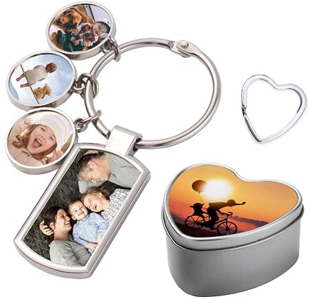 Personalisierter Foto-Schlüsselanhänger mit 4 Bildern, inklusive personalisierte Geschenkverpackung in Herzform und Schlüsselring, Personalisierte Herzbox, Schlüsselanhänger + Geschenkbox
