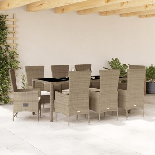 Keyroto 9-TLG. Garten Essgruppe mit Kissen Beige Poly Rattan Gartenessgruppe Rattan Gartenmöbel Polyrattan Gartenmöbel Set Garten Sitzgruppe