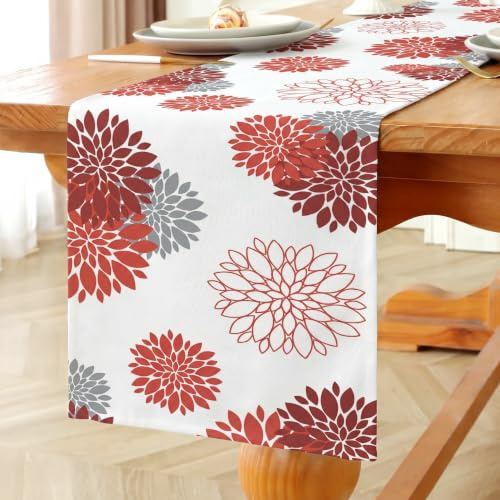 Vorysum Tischläufer Blumen Rot Dahlien Modern Tischläufer Wasserabweisend Leinen，Dekoration Tischdecke Outdoor Sommer Garten für Hochzeit Esszimmer Party Urlaub Dekor 33 x 183 cm