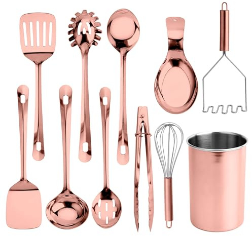 COOK WITH COLOR Kitchen Utensil Set - 10-piece premium Nonstick & Heat Resistant Kitchen Gadgets, Turner, Spaghetti Server, Serving Spoons, Whisk, Tongs, Masher & Utensil Holder, Rose Gold