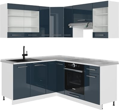 Vicco Eckküche Fame-Line, Dunkelblau Hochglanz/Weiß, 190 x 160 cm ohne Arbeitsplatte, zur individuellen Erweiterung und flexiblen Anordnung geeignet
