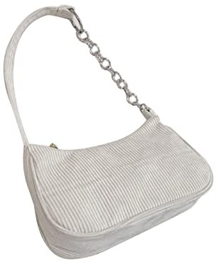 Uqezagpa Tragetasche für Damen, Vintage-Tasche, Schultertasche mit Reißverschluss, gestreift, Cord, Unterarmtasche, All-Match-Handtasche für Damen und Mädchen, für den täglichen Gebrauch, weiß, chain