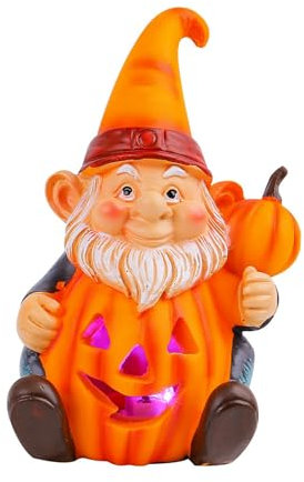 Gnomos de Halloween Decoraciones de Calabaza con Luces Decoración Enana de Halloween con Luz Luces de árbol de Cerámica de Gnomo Naranja con Pilas para Fiesta de Mesa en