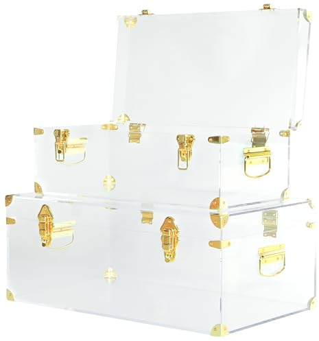 Vixdonos Acrylic Storage Chest Decorative Trunk Set of 2 Large Box College Dorm Organizer with Hardware Hasps and Handle for Home Deocr,23.7X14.2X9.5 Inches,Clear
