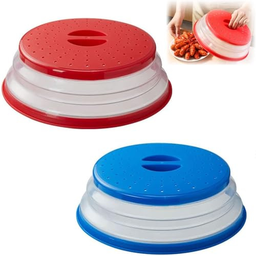 Microwave Cover for Food, 10.5 Inch Collapsible Silicone Microwave Splatter Guard, Multi-Functional Vented Microwave Lid Cover & Basket Strainer for Fruit Vegetables, BPA-Free(Red+Blue)