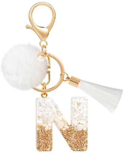 MWOOT Schlüsselanhänger Buchstabe N Bommel Quasten, Cute White Gold Keyring mit Namen, Schön Frau Personalisiert Keychain Auto Schlüsselanhänger, Tasche Dekoration Anhänger Schulanfang Geburtstag