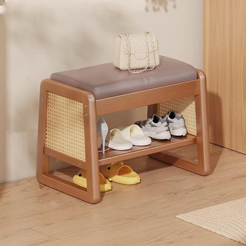 Schuhbank aus Holz mit gepolstertem Sitz und Rattan-Schrank, Eingangsbereich für Wohnzimmer, Flur, Schlammzimmer, Bettbank, Schuhregal, Braun, 50 cm