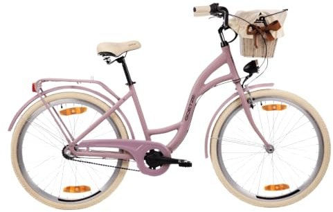 Goetze Style 26 Zoll ALU Damen Citybike Komfort-Fahrrad mit 3-Gang | 17 Zoll Aluminium Tiefeinsteiger, 14 kg, Rücktrittbremse & V-Brake, LED-Licht, Rattankorb, Gepäckträger & Ständer
