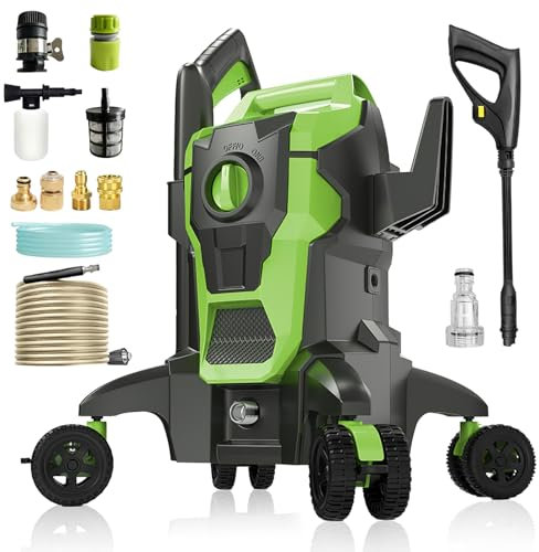 2000 W Limpiador de alta presión, con bobinador de manguera de 10 m, Max 150 bar, caudal 7 l/min,con botella de jabón boquilla de espuma, pistola de alta presión para, coches/cercas/jardín