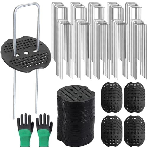 Kit d'ancrage de jardin professionnel en acier galvanisé pour toile anti-mauvaises herbes, films et gazon artificiel, 100 piquets avec 100 disques tampons, 150 mm de long, 40 mm de large, Ø 3,8 mm