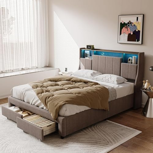 BRILVERDE Polsterbett 140x200 cm mit LED und USB, Doppelbett mit Stauraum-Kopfteil, Jugendbett mit Schubladen, Bettgestell mit Lattenrost, Funktionsbett, Leinen (Grau, 140x 200 cm)