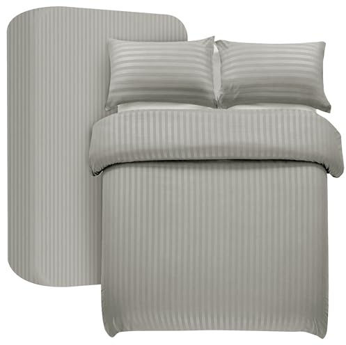 My home store Grey Single Duvet Cover Set 3 Pcs Satin Stripe Duvet Covers Soft Brushed Microfiber Bedding Set with Fitted Sheet 30 CM Deep & 1 Pillow Case