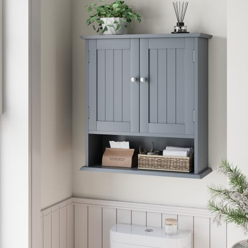 HAINEW Badezimmerschrank Wandschrank mit 2 Türen und Offenen Regalen, Hängeschrank Badschrank Medizinschrank Wandmontage Wandregal Küchenschrank, 54,6×19,8×59,9cm (Hellgrau)
