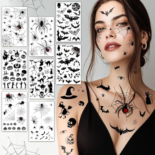 Halloween Tattoo Gesicht, Gesichtstattoo Karneval, 8 Blatt Große Größe Spinnen Fledermaus Hexen Gesichtsaufkleber, Hexenkostüm Damen Zubehör, Vampir Skelett Kostüm Erwachsene Gruselig Accessoires