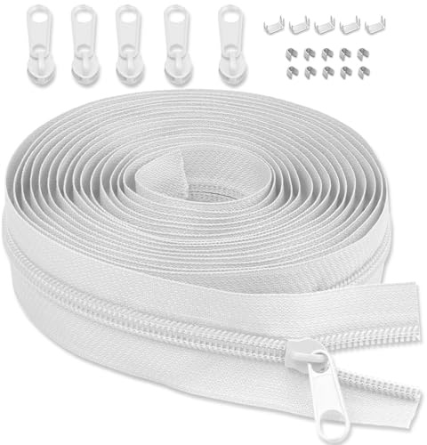 LHZHLE 3mm Endlosreißverschluss Mit Zipper: 3.65m Weiß Nylon Reissverschluss - Meterware mit 5 Reißverschlusszügen für Nähen Bettwäsche und Kopfkissen