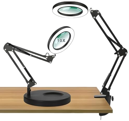 GOEDCH 10 lenti con luce e supporto: 2 in 1 LED con braccio girevole, lampada da scrivania illuminata a LED con 3 modalità di colore, 10 livelli di luminosità, 10 luci con lente di ingrandimento con