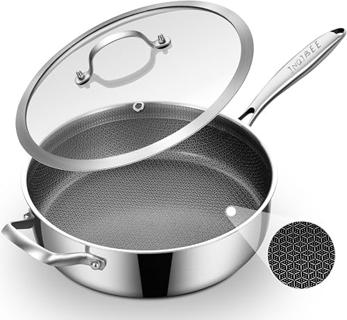 Inqibee 28CM Hybrid Ceramic Coating Non Stick Tri-Ply Stainless Steel Sauté Pan with Lid, 4.5L Deep Frying Pan PFOA & PFOS Free,Induction Cooking Pan, Detachable Handle,Oven Safe Up to 500 °F