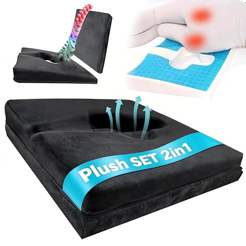 FoKon Gel Wheelchair Seat Cushion,Bed Sore Cushions for Butt,Pressure Sore Cushion for Office Chair,hemorrhoid Pillow,Sciatica,Coccyx Pain Relief Butt Pillow.(Plush-Fabric&Support-Enhanced Set Black)