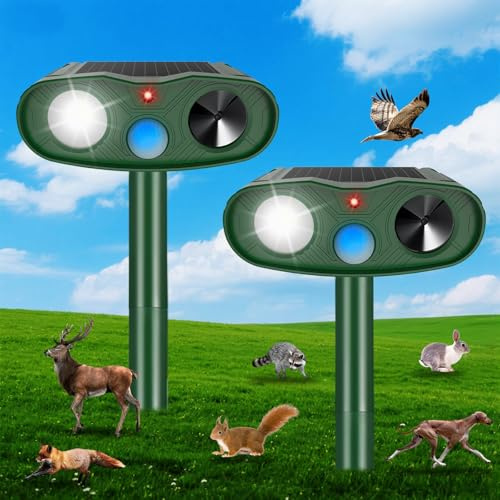 2 Pack Ultrasonic Animal Repellent Outdoor, Solar Deer Repellent Motion Sensor Cat Squirrel Rabbit Repeller, Waterproof Goose Dog Raccoon Deterrent with LED Strobe Flash Lights