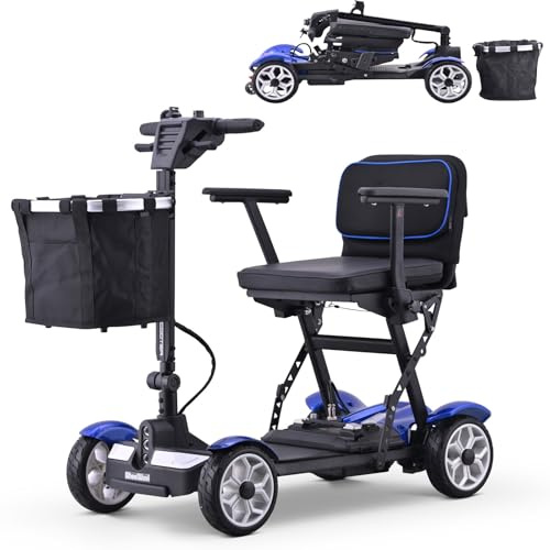 HZWJD Tragbarer Elektromobil,Elektromobil Seniorenmobil,Zusammenklappbar,Maximale Belastbarkeit 100 Kg,Mit Frontkorb,Für Ältere Menschen Und Behinderte Blue