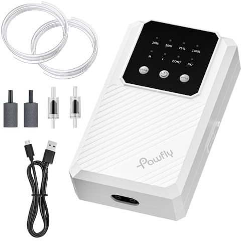 Pawfly Aquarium Air Pump, 64 GPH Rechargeable Fish Tank Air Pump for Tank Up to 65 Gallons, Ultra Quiet Adjustable Oxygen Pump with Airline Tubing, Air Stone & Check Valve, Aerator for Fish