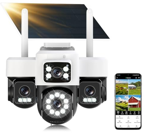 Calue 4K Cámara Monitoreo Exterior Inalámbrico, Cuatro Lentes/Cámara Solar/Batería,4G Cámaras de Vigilancia con Tarjeta SIM,Visión Vocturna,Alarma,Audio Bidireccional,Seguimiento Automático,AOV 24/7