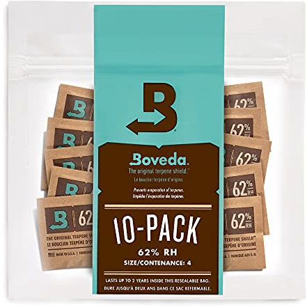 Boveda zur Aufbewahrung von Kräutern | 2-Wege-Feuchtigkeitsregulierung mit 62% relativer Feuchtigkeit | Größe 4 schützt bis zu 15 g Blüten | verhindert den Verlust von Terpenen | 10 Stück