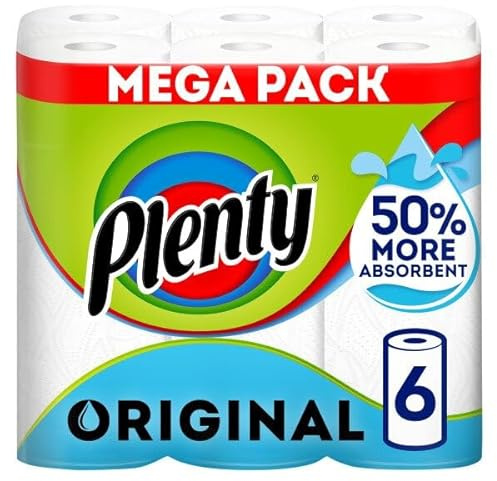 Plenty Kitchen Towel, 6 White Rolls, 600 Sheets of Kitchen Roll, 2-Ply Tissue