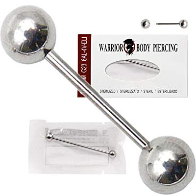 WARRIOR piercing de lengua esteril con barra barbell de titanio G23, tamano 14G (1,6 mm), con dos bolas de 6 mm, paquete de 1 pieza, PTL-001 (22 mm)