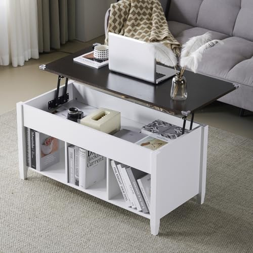 VINGLI Lift Top Coffee Table with Hidden Storage, 39 Wood Coffee Table with Lifting Tabletop, 3 Open Shelves, Center Table for Living Room, Home Office, White & Dark Brown