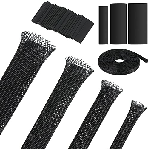 Tatuo 65.6 ft Expandable Braided Cable Sleeve Multi Size Braided Wire Sleeve with 120 Pcs Heat Shrink Tubing for Television Audio Computer Cables Video Pets, 1/4 in, 2/5 in, 1/2 in, 3/4 in(Black)