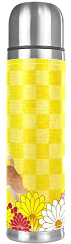 Thermoskanne mit japanischem Hund, Shiba Inu und Blumen, vakuumisoliert, kompakt, Edelstahl, Kaffee-/Reisebecher, 500 ml