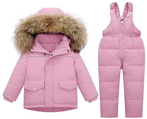 Barn snödräktsset, 2-delad skidoveraller vinter luva dunjacka och snöhängselbyxor pojkar flickor ultralätt skiddräkt set, 3-4 år