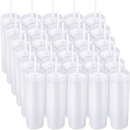 Mimorou 30 Pack Skinny Tumbler with Lids and Straws 16 oz Matte Colored Acrylic Tumblers Double Wall Plastic Tumbler Cups Skinny Travel Cup Reusable Cup for Parties Birthday Home Office(White)
