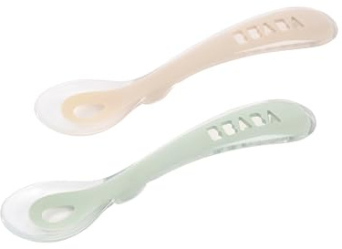 BÉABA Cucharas de Aprendizaje para Bebe, Silicona Suave, Juego de 2, Con estuche, segundo Edad, Ergonómica, gris y verde salvia